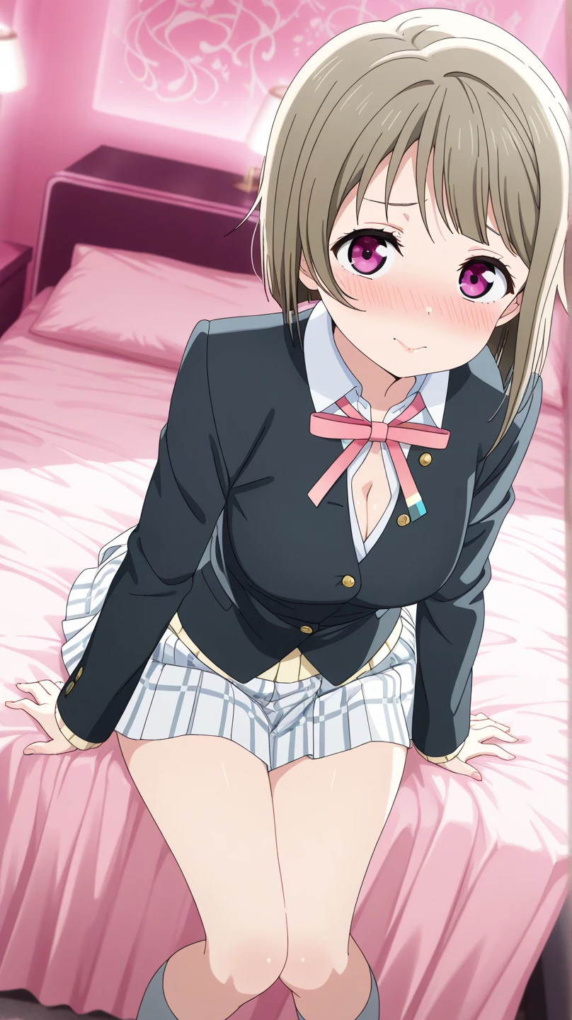 (masterpiece, highest quality), 1 girl, (ALGL:1), (ALGLZion, Zion:1), (Zion hair:1), (Zion eyes:1), chest, medium chest, large chest, underboob, All limbs, full finger, Looking at the audience, Cowboy Shot, Maid clothes,Skirt flip, Crop top, Black clothes, One girl,Embarrassing, bed, on back, lying,no panties,full body,vegina is nude,lower body is nude,no skirt,no dress,camera angle from above