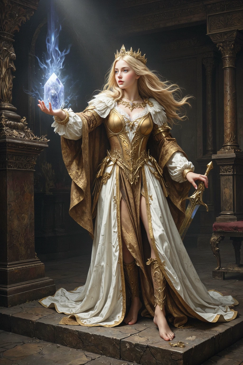 ((Fantasy Setting)), ((Natural Lighting)), ((Hand Painted Style)), good hands, clear eyes, sharp pupils, trees, 5fingers, natural hair color, award photography, intricate, detailed, stunning, fine details, highly detailed person, sensual, evocative, extremely detailed eyes and face, extremely detailed clothes, in the style of studio ghibli, noble lady, mage, long hair, robes adorned with swirling patterns, 

Archmage Elara is the esteemed leader of the Council of the Wise and a master of elemental magic. With her long silver hair and robes adorned with swirling patterns, she radiates power and wisdom. Elara possesses a deep understanding of ancient spells and rituals, and her guidance is sought in matters of arcane governance and the balance of magical forces