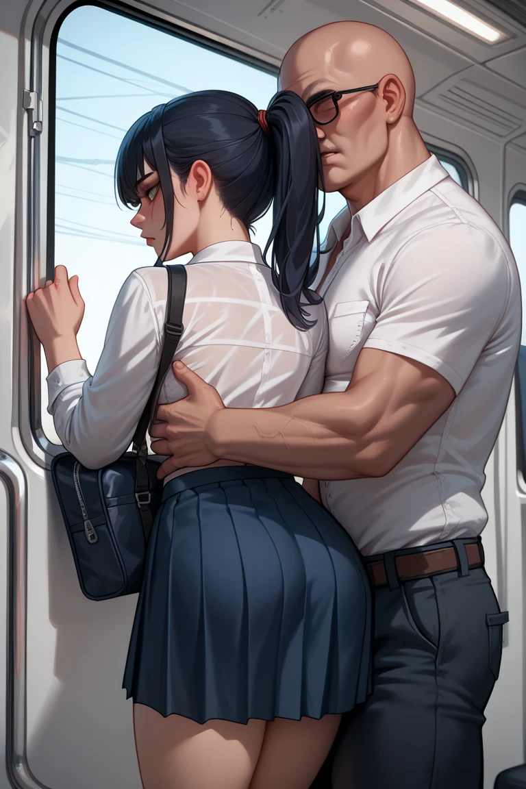nsfw,hyperrealistic anime1woman,adult curvy female,at train,dark brown hair,standing,earring,plain blouse,long pants,blushed,from behind and side,(man grabbing woman's pants from behind:1.1),molested,groped,suffering,