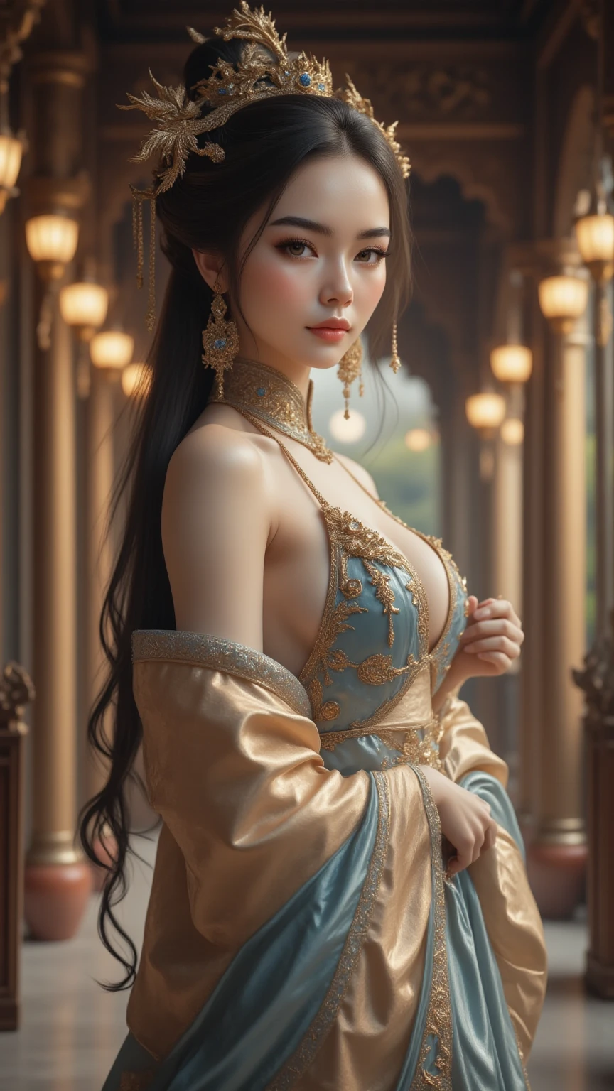 High-quality work,Realistic works,Super premium graphics,8K HD CG works,high quality graphics,High-definition and exquisite CG works,10x pixels,Ultra-fine details:1.1,Advanced technical details:1.1Realistic photo effects,Interior lighting effects:1.5,natural soft light:1.5. Light effect(Virtual light effects:1.8),ultra high resolution,shining dress,sliver long hair,silber hair,transparenthair,high detailed hair(Quality hair details:1.1)Clear eyes,Double eyelids look good,Sharp eye makeup, Create exquisite eyelash makeup, tthin eyebrows, Ultra-detailed eyes,a tall nose, lovely red lips, rosey cheeks, With delicate makeup on her face , pretty face, The face shape is perfectly proportioned,(Advanced facial details:1.1)a close up of a woman in a blue dress sitting on a table, bright blue shiny lingerie, elegant glamourous cosplay, costume with blue accents, japanese goddess, anime girl cosplay, ornate cosplay, oriental fantasy, gorgeous chinese model, wearing shiny breastplate, a beautiful fantasy empress, anime cosplay, full body xianxia, cosplay, glamourous cosplay,Women's artwork,Dress full body video,Realism,Amazing Cleavage,My eyes are very bright today