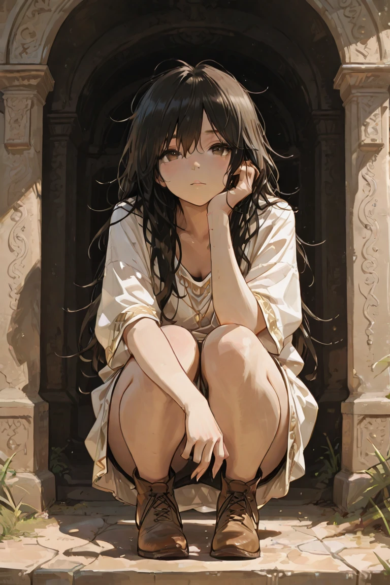 An 18-year-old half-naked untouchable girl from India, with tears streaming down her face, kneels on the edge of a ripe wheat field. The golden grains sway gently in the breezy afternoon, adding to the serene yet melancholic ambiance. Her sari, now disheveled, barely covers her modestly, as she clings to the tattered end with trembling hands. Her dark, pleading eyes are fixed on the camera lens, with an expression of deep regret and utmost sincerity. The sunlight casts dramatic shadows on her face, illuminating the intricate details of her features while the tears gently glisten on her cheeks, enhancing