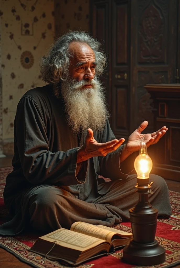 In an old palace, An old man holding an alchemy book is instructing a young man on how to practice the art. The young man wears a simple robe,Stand beside the old man. The old man had a mysterious smile on his face, There is also a faint smell of medicinal herbs in the air. On the wall hangs an ancient alchemy painting, Depicts a god holding a furnace used for alchemy.