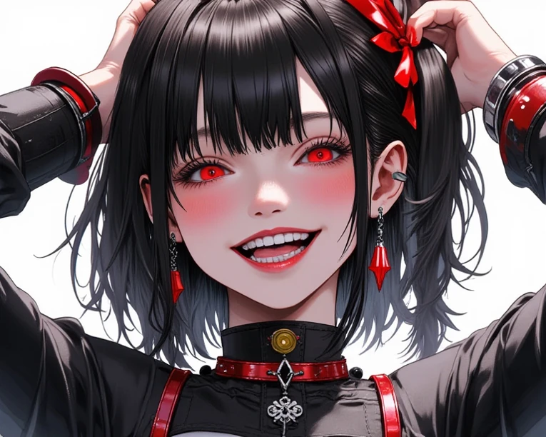beautiful woman in business suit, long black hair, black eyes, looking at viewer, red background with details supernatural, macabre, supernatural creatures, intricate details, hyperrealistic, 8k, octane render, chiaroscuro lighting, cinematic composition, dramatic atmosphere, digital art