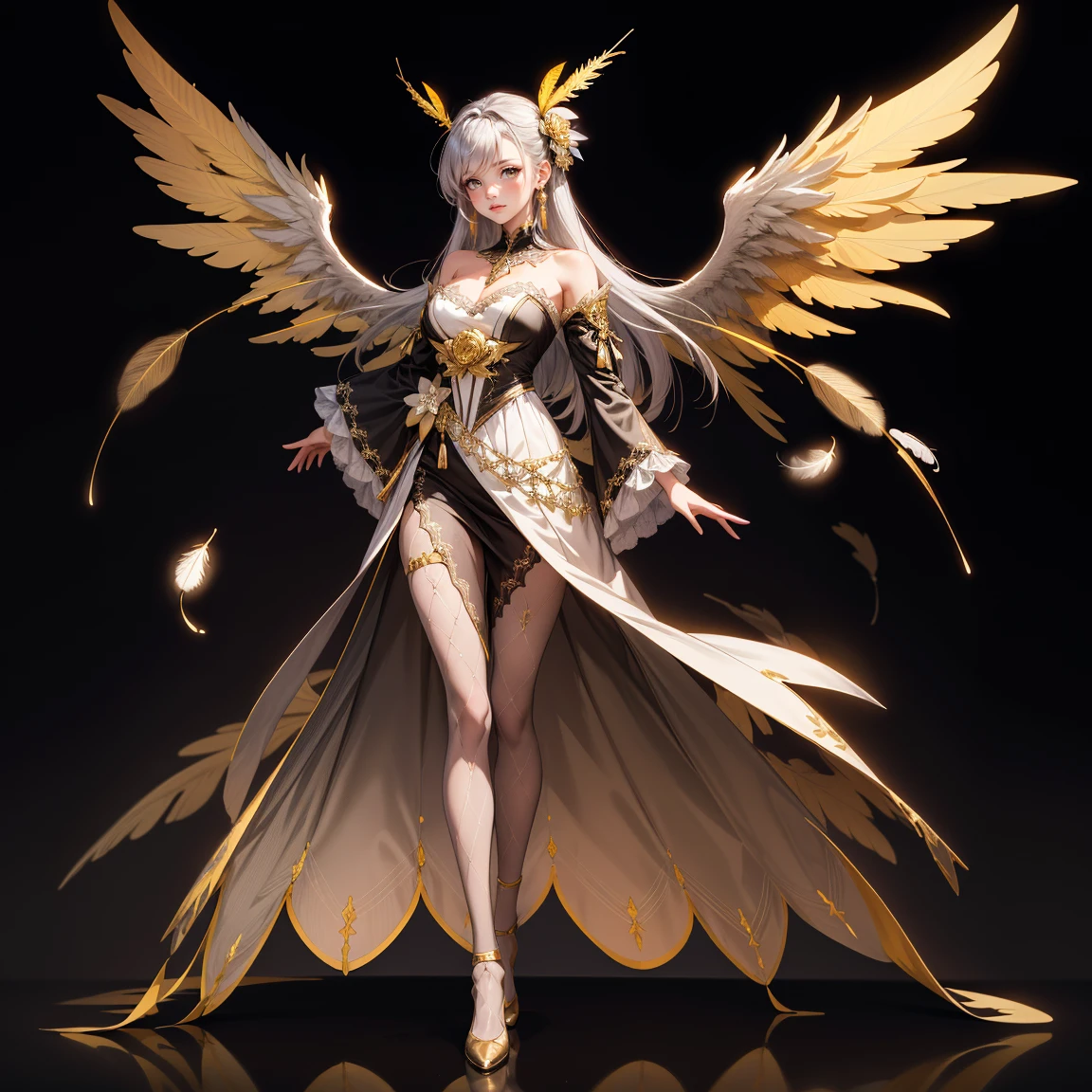 (Masterpiece:1.2), best quality, (illustration:1.2), (ultra-detailed), hyper details, (delicate detailed), (intricate details), (cinematic light, best quality Backlights), clear line, from below, soloist, perfect body, (1girl), white hair and yellow eyes, (emperor, black see-through clothes)