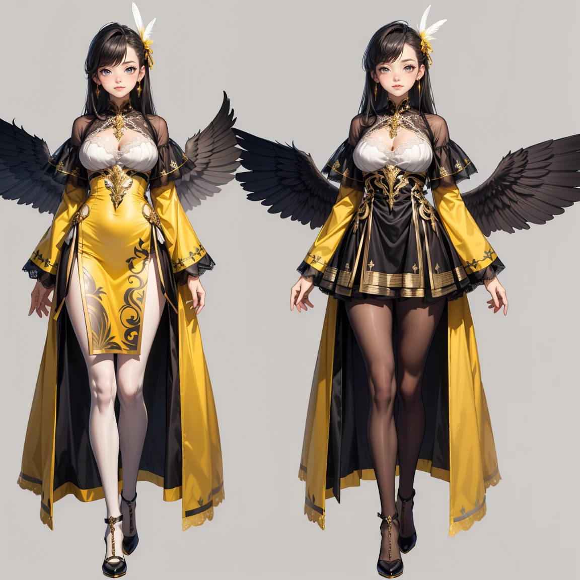 ((Masterpiece, Highest quality)), Detailed face, CharacterDesignSheet， full bodyesbian, Full of details, Multiple poses and expressions, Highly detailed, Depth, Many parts，beuaty girl，lacepantyhose, High Balance, Natural light, Phoenix decoration，Hairy clouds