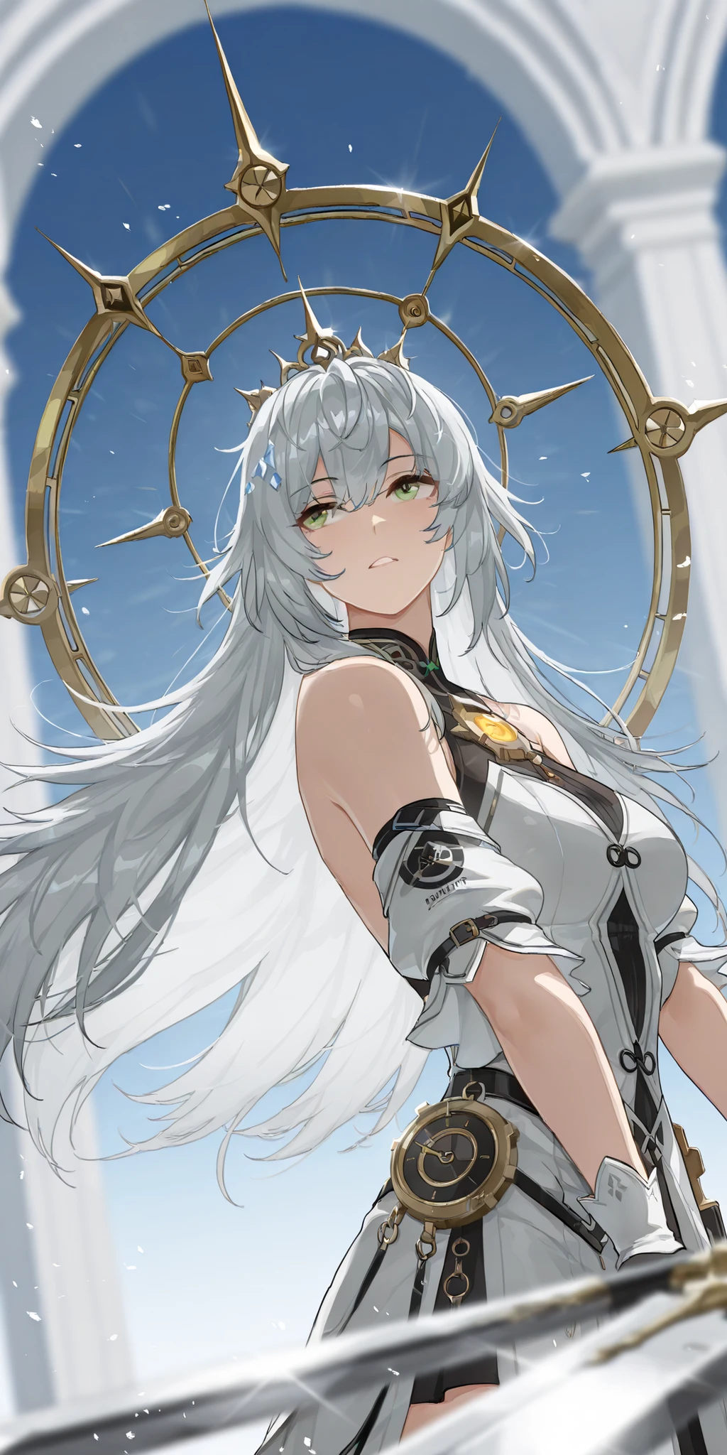 style of [arknights|(748cmstyle:0.88)], god rays, cinematic shot, masterpiece, best quality, amazing quality, very aesthetic, high resolution, ultra-detailed, absurdres, (hands:-0.45), (1girl, mature woman, , female:0.95), solo, alone,(dynamic pose, upper body focus, dutch angle, three quarter view, face focus, cowboy shot:1.2), (side shot:0.66), gaeun(counterside), off shoulder, green eyes, white hair, silver hair, (crystal hair:1.33), gloves, yunli, crown, heavy weapons, clockwork weapons, golden magic, wielding halberd sword hybrid, novuschroma79 style, glitch art photo
BREAK, depth of field, volumetric lighting
 