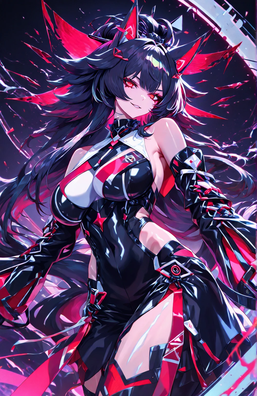 最high quality、best image quality、masterpiece、android girl((18-year-old、 By becoming、vest bust、medium bust,wide open breast tea、red glowing eyes, water hair、messy hair、long hair、thin,highest valley、Blue robot body、Shiny red body、Close ~ eyes、attack、Show the whole body、robot arm、robot feet、villain、evil smile、bad smile、laugh loudly、villain pose、Black robot wings,sharp nails、prick々New body parts、With a big sword、floating in the air、Robot Tail、turn around、emphasize the buttocks)),high quality、beautiful art、background((cyber world))、Flight、debris flies、Depth of written boundary、movie、visual art、perfect art、8K,genuine、