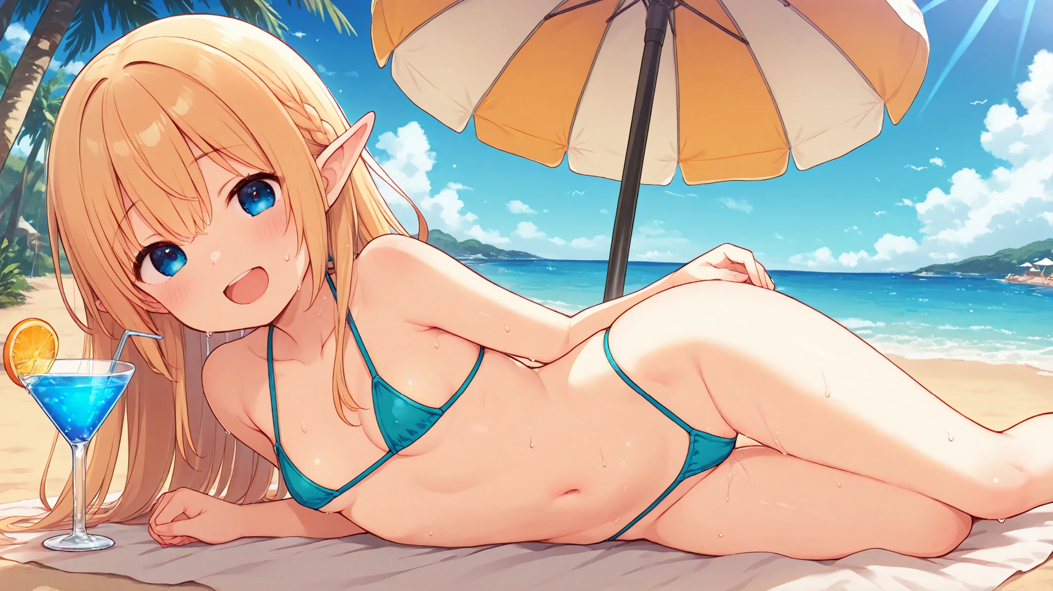 ((Highest quality)), ((masterpiece)), (detailed), 1 blonde elf witch, sexy,Beach,innertube,Seductive pose, dynamic poze, frogs eye view, innertube