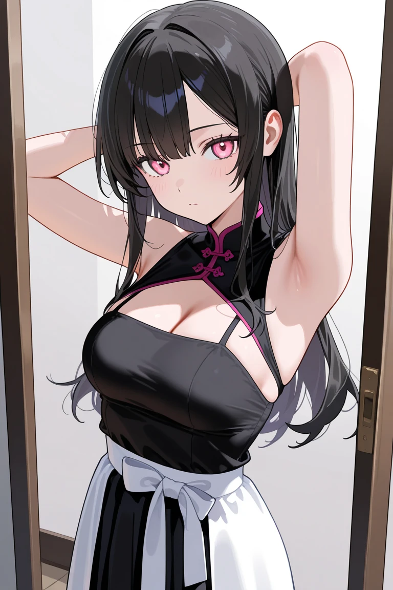 Little nice kids girl,Dark hair,Pink lips,Wearing a black shirt,Pastel palette Aurora Punk style,an anime illustration of her face,Animated GIFs,Hand-drawn animation,Captivating sketches,Smooth and shiny,Hazy romanticism,superflat style,White background -- ar 1:1--Nizi 5--Style expression--s 50,cleavage,(Large breasts,The shoulder straps slip off)