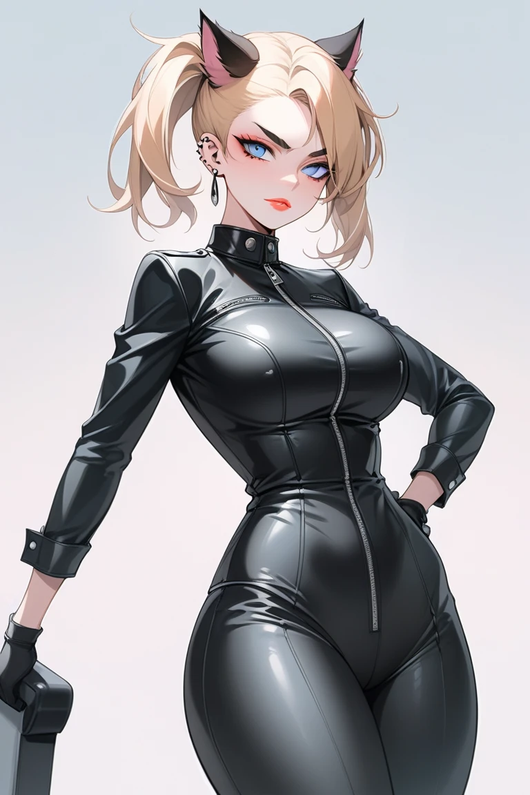 ​masterpiece, ultra-detailliert, 8k, hiquality, Top image quality, digitial illustration, Seductive Anime Girl, Combative posing, Depiction of dense hair, Detailed eye depiction, appearance Splash paint background in colors, Center, ((latex suit:1.3 crop top:1.3))、((cleavage:1.3))、((crop top navel))、((highleg:1.3))、((panty peek))、((huge breasts:1.3))、((huge hip:1.3))、((thick thighs))、shiny skin、Sharp Focus, draw the full body, Glossy realistic skin texture, ((Hover effect:1.2)), Precise human body structure、Smooth texture