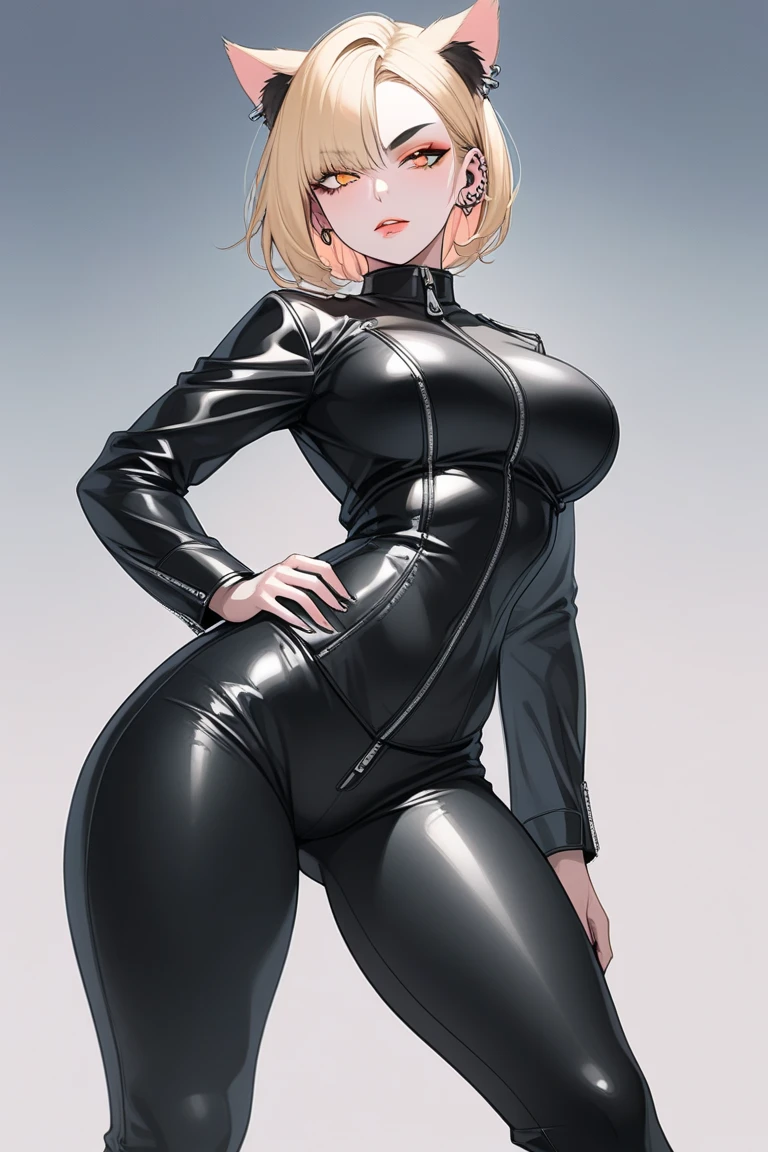 highest quality, High resolution, AND18, 1 girl, android 18, alone, golden hair, blue eyes, short hair,earrings,big breasts, frown,troubled face, Sweat,1 girl, Black tight suit, streak,looking at the viewer,have an assault rifle