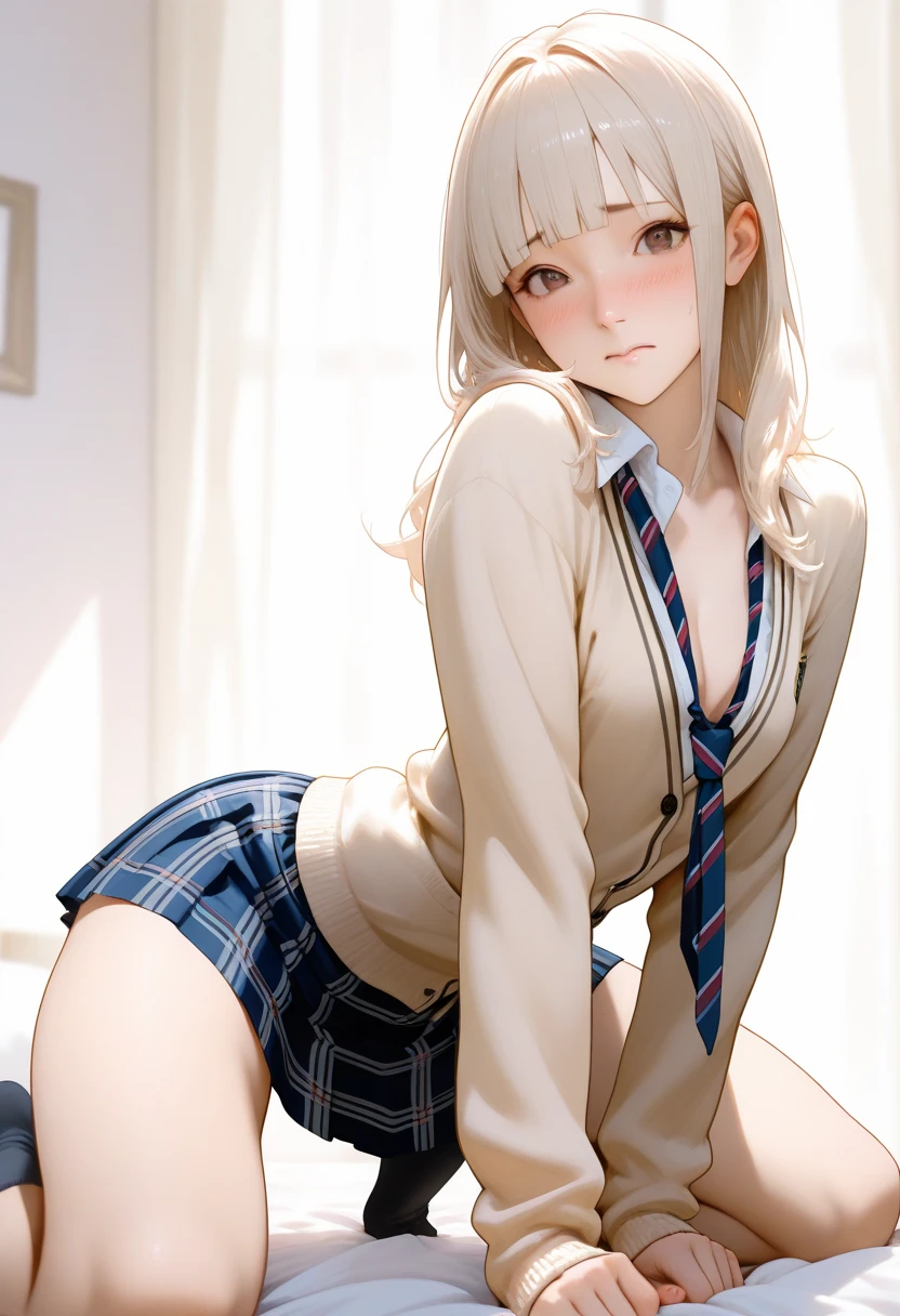 Photorealism、Highest quality、Ultra-high resolution、Browsing Caution、Japanese 、18-year-old、((Girl in uniform sitting on bed))、Low angle shot:1.5、M-shaped feet:1.4、((She opened her legs wide:1.2))、Sit with your knees bent and your legs apart、((Showing panties:1.5))、A sexy look for the camera、((Blonde))、((pink silk panties))、((Panties close up:1.4))、Light blue shirt、Dark blue tartan check pleated skirt、Dark blue socks、A cute and beautiful face down to the last detail、(Purelos Face_v1:0.008)、Brown eyes、eyeliner、blush、Embarrassing、Glare、 Glossy Lips: 1.4,  impatience、It was scary、Glare、blush、はAre crying、Are crying、Open your knees、Spread your legs、Disheveled clothes、dressing、Medium Long Hair,In the bedroom、Anatomically Accurate human body、Perfect Arms、Perfect hands、Perfect Fingers、Perfect Legs、Accurate human body、(View angle from below:1.25)