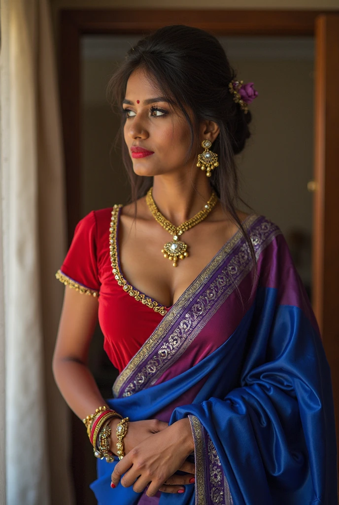 pretty like princess,indian woman wearing a saree and short sleeve blouse in a dusty room in front of other woman watching her, she is wearing a blue synthetic saree on a pink sequin embellished u neck short sleeve blouse,she is sweating heavily due to the humidity in the room,she has huge breasts and a narrow waistline, curvy hips and slim waist,glossy lips,long lush hair tied up in pony style,crying face expression and shocked look at the same time,sweat droplets on her body and the woman trying to dress her up,crying face