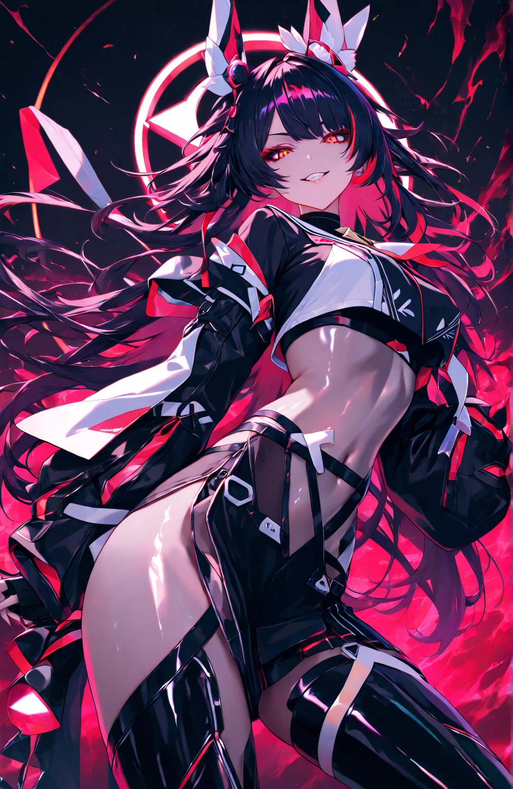 cowboy shot, straight-on, serious, <lora:pride_royal_V2:0.95> pride royal ıv, purple eyes, red hair, swept bangs, long hair, <lora:0277 Kuroinu Olga Discordia Fan Costume_v1:1> ruanyi0277, thigh boots, hair ornament, thong, elbow gloves, tattoo, pointy ears, elf,, absurdres, ultra detailed, masterpiece, best quality, aesthetic, detailed,