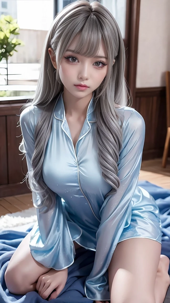 anime style、white skin、white hair、long hair、Hair with blue highlights、upward、Large and noticeable、Colorful gas expression、seductive big breasts、feminine、High-frequency detail (((sharpness)))、( (sharp focus: 1.2))、puerosface_V1: 0.7)、(8K、highest quality)、Very large chest light)))、beautiful lighting、highly detailed face、well drawn hands、Well drawn legs、Well designed legs、exposed chest、(masterpiece:1、2)、highest quality、masterpiece、High resolution、Original and detailed wallpapers、information:pajamas、縞模様のpajamas、ロングpajamas、pajamasシャツ、太ももを覆うpajamas、slightly disheveled hair、Bathroom Background Scene、chest covered with shirt,、pajamasで覆われた胸、上着全体を埋めるpajamas、首までのpajamas