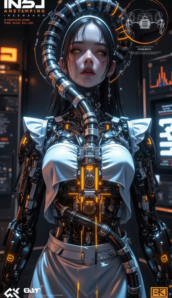 top-quality、​masterpiece、超A high resolution、(Photorealsitic:1.4)、Raw photo、女の子1人、Black hair、glowy skin、1 Mechanical Girl、((super realistic details))、portlate、globalillumination、Shadow、octan render、8K、ultrasharp、character edge light,Colossal tits、Raw skin is exposed in cleavage、metals、Details of complex ornaments、Steampunk details、vacuum tubes、Nixie Kan、Oil pressure gauge、Glass Kan、Analog Meter、gear wheel、gear、Golden hydraulic cylinder、highly intricate detail、Realistic light、CGSoation Trends、a purple eye、radiant eyes、Facing the camera、neon details、Mechanical limbs、blood vessels connected to tubes、Mechanical vertebrae attached to the back、mechanical cervical attaching to neck、sitting on、Wires and cables connecting to the head、Evangelion details、Small LED lamp、