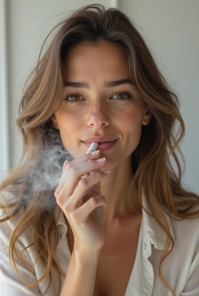 "A detailed and realistic close-up of a stunning woman with several cigarettes held delicately in her hands, her face lit with a blissful smile as she inhales deeply. The air around her is dense with smoke, and her expression reveals a profound love for smoking. The background is softly blurred, depicting a luxurious, smoke-filled room with warm, ambient lighting."