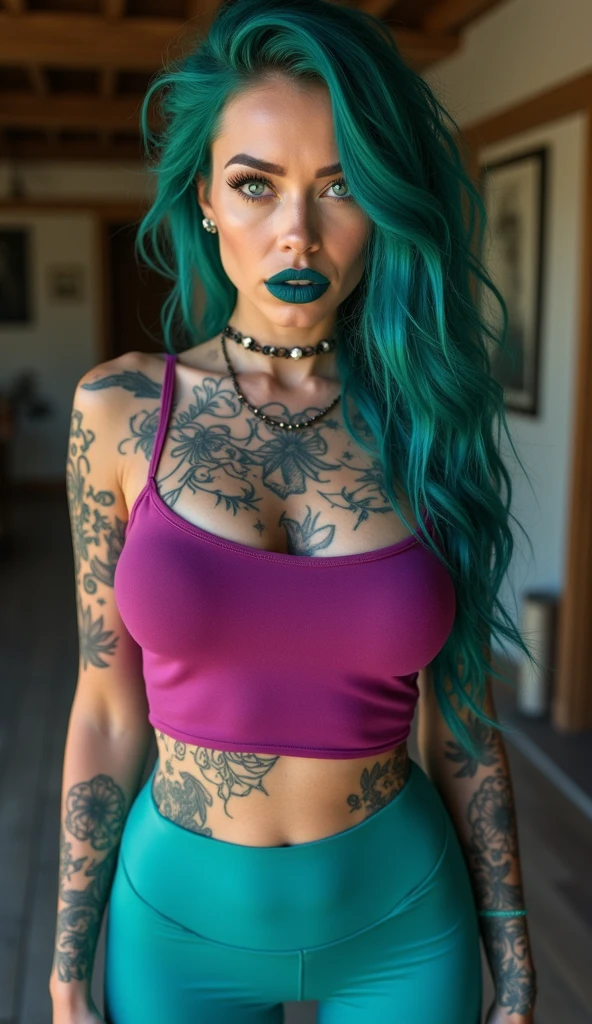 photography of a beautiful monster woman with flowers in her hair.shot from a dutch angle ,close up , headshot. deep cleavage ,wearearing a bikini top , punk woman . blury background. slim, (small breasts), (t-shirt, open vest, midriff)