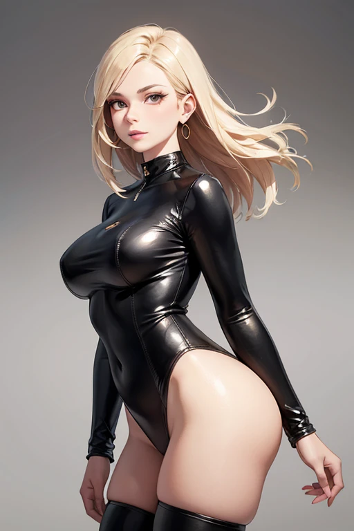 (Hiperreal)、skin completely covered by clothing, high detail, Perfect body with golden ratio, wearing (tight shirt:1.2), beautiful detailed face, hazel eyes, (attractive fitness woman:1.3), (seductive:1.1), (blushing:1.1), hourglass body shape, complete shiny black latex top model swimsuit one piece just neck, big round breasts