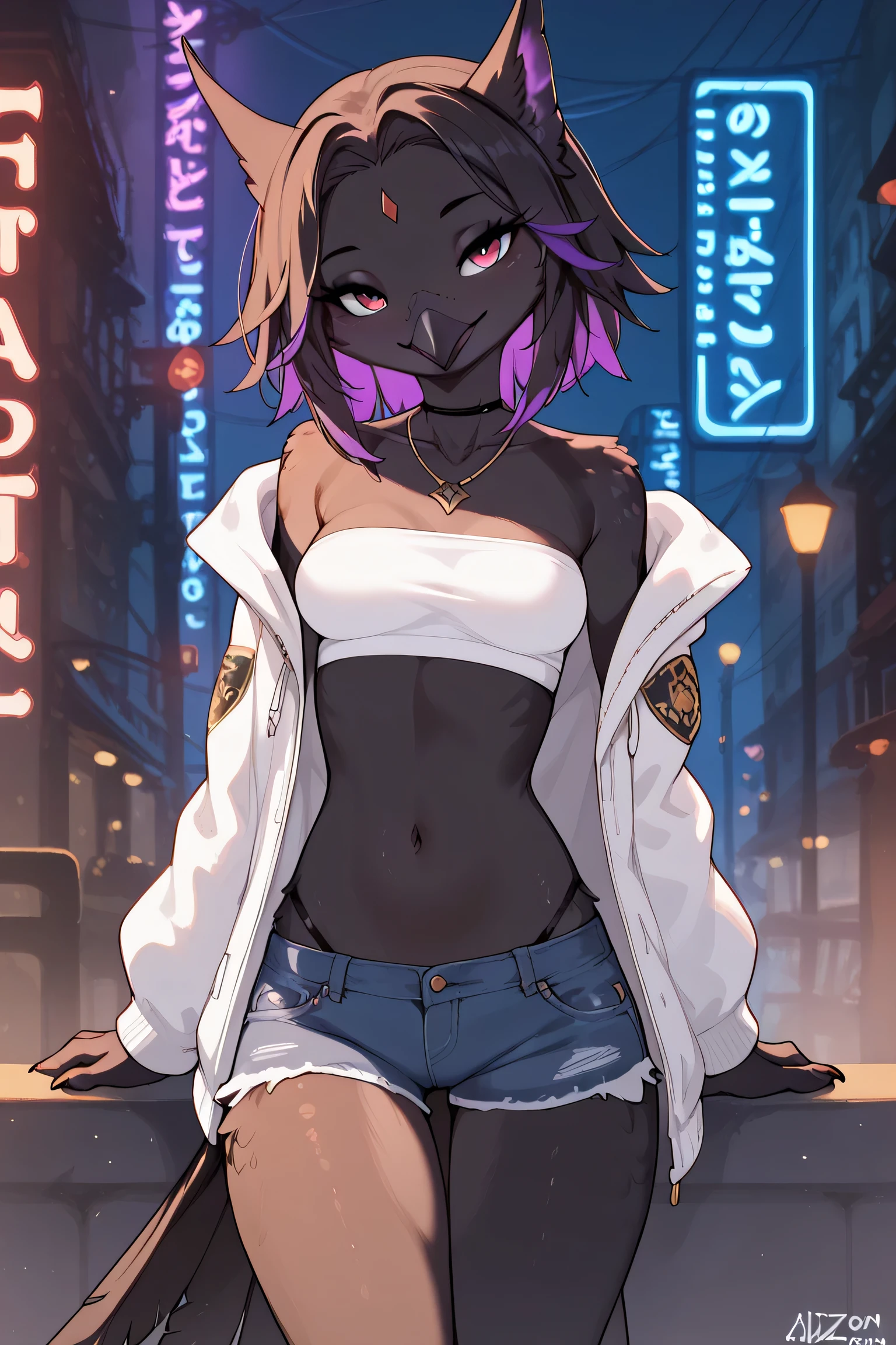 masterpiece, best quality, seductive expression, 1girl, anthro, furry, tail, black feathers, claws, furry female, black body feathers, raven bird tail, snout, beak, bird girl, bird legs, long feather hair, detailed, head tilt, ager (18 years), medium breast, thick thighs, slim body, seductive eyes, (jizoku), score_9, score_8_up, score_7_up, score_6_up, score_5_up, score_4_up, 1 bad girl, bird wings, ExpressiveH, provocative pose, neon lights , illustration, tube top, small white jacket, jeans shorts,