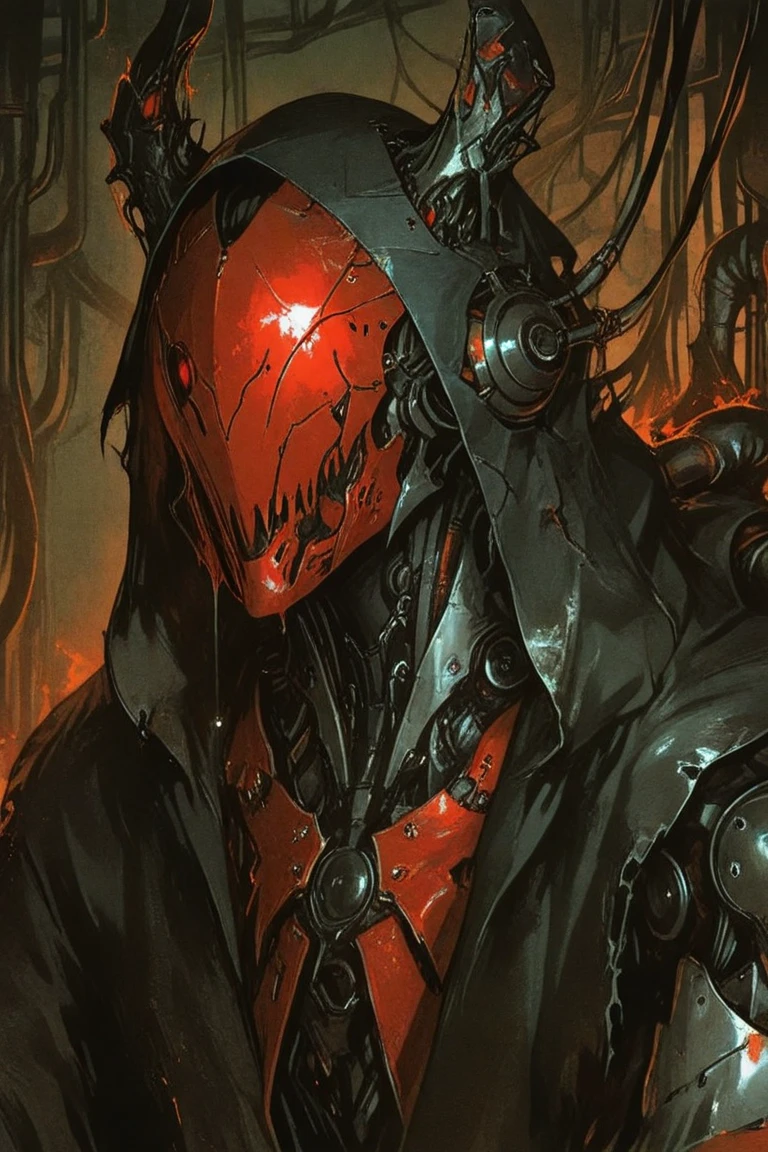 Portrait: Imposing post apocalyptic faceless figure wearing black mask with many tubes from lower part of mask, head and torso, the mask have many tubes. Wears: mask with many gas tubes connected to lower part; tall, ragged pointed sorcerer's hat fused with dark hooded robe over grimy layered blacks. Head: Intricate mass of black cables, corroded metal plates, and snaking rusty tubes/pipes (Adeptus Mechanicus gone feral). Dominant single, intensely glowing one red cybernetic visor. Metallic horn protrusions. Tentacle-like appendages (metallic/fleshy) writhing lower face, neck and shoulders. Cybernetic: Glowing red circuit accents on robe. Vibe: Apocalyptic Zaun/Dishonored/40k Hive fusion. Setting: Hazy, grimy industrial decay backdrop (dripping pipes, broken machinery). Palette: Muted olive greens, deep greys, rust browns, blacks. Lighting: Dramatic chiaroscuro, volumetric haze. Harsh light illuminates textures (corroded metal, oily cables, rough fabric) and red visor, deep shadows. Mood: Sinister, foreboding, menacing authority, chaotic energy aura. Style: Hyper-detailed photoreal, gritty texture focus. Influenced by Dishonored/40k Chaos art, Beksiński.