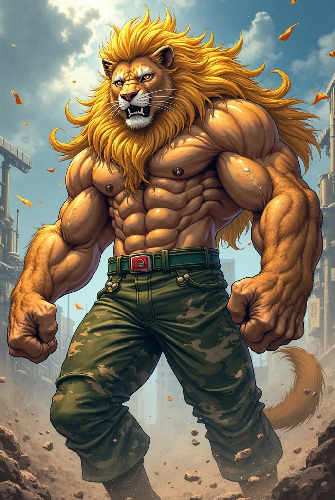 Anthro lion male warrior, concept art, solo, strong eyes, military pants, hi res, masterpiece, absurd res, 2023, extreme detail, abs, pecs, dark nipples, torn military shirt, by taran fiddler, fighting pose, hair