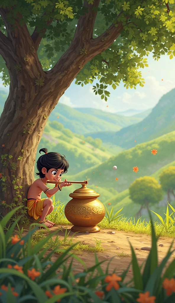 In small room lord Krishna Krishna searching curd in hanging earthen pot, light coming from window, baby Krishna wear dupatta like dress with flute in his hand and peacock feather on his head, beautiful smile on his face, small birds are flying above him, calf waiting for him standing beside Krishna, his small kidiends enjoying happily