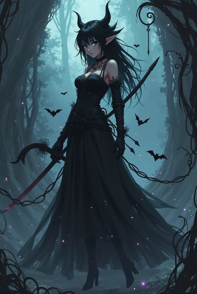 A gothic Asian anime girl with long, flowing black hair stands in the center of a dark and eerie background. She has pale skin, sharp red eyes, and wears a tattered, black lace dress with intricate, gothic patterns. Her fingers are adorned with silver rings, and she holds a bloodstained katana. The background is filled with twisted, gnarled trees and a full moon that casts an eerie light, illuminating pools of blood and scattered bones on the ground. The atmosphere is heavy with a sense of dread and mystery."