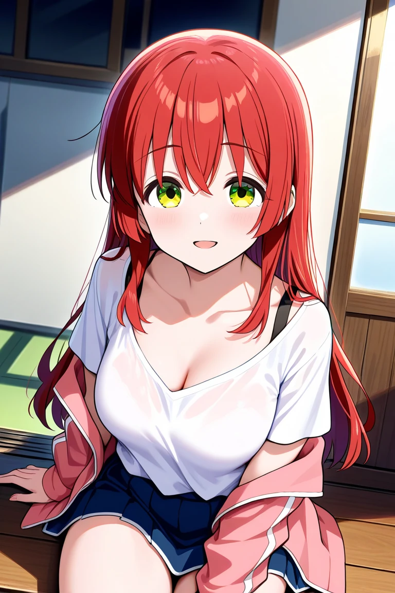 Red hair、Long Hair、bangs、Hair between the eyes、One side up、Green Eyes、smile、Medium chest, Cleavage, reflected light, Very detailed, Open door, Nightwear,( Open door):1.4, Home, (sleepy), corridor,