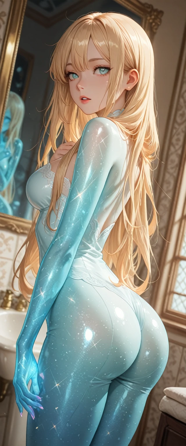 (Highly detailed CG 8K wallpaper), (Very delicate and beautiful), (Best Quality: 1.0), (Ultra High Definition: 1.0), Realistic Shadows, [High Definition], Detailed Skins, Ultra Detailed ((Colorful)), ((Medium chest, adult woman with large breasts, small head)), (Abs are cracked: 1.1), (Blonde, wavy long hair: 1.2, Bangs Patsun), ((( It has been molded into a square shape as a masturbator and I can't move)))