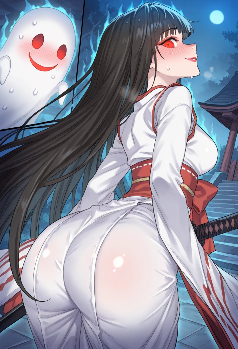 One girl, human girl, black hair, long hair, kimono, white kimono, scarlet hakama, torn kimono, on all fours, one giant rabbit, giant black rabbit, sex with giant rabbit, doggy style sex, intense sex, penis as thick as an arm, dick as thick as an arm, (huge penis: 1.6), in girl's pussy, girl's belly bulging with dick, girl's ahegao, outdoors, in the forest, lots of semen