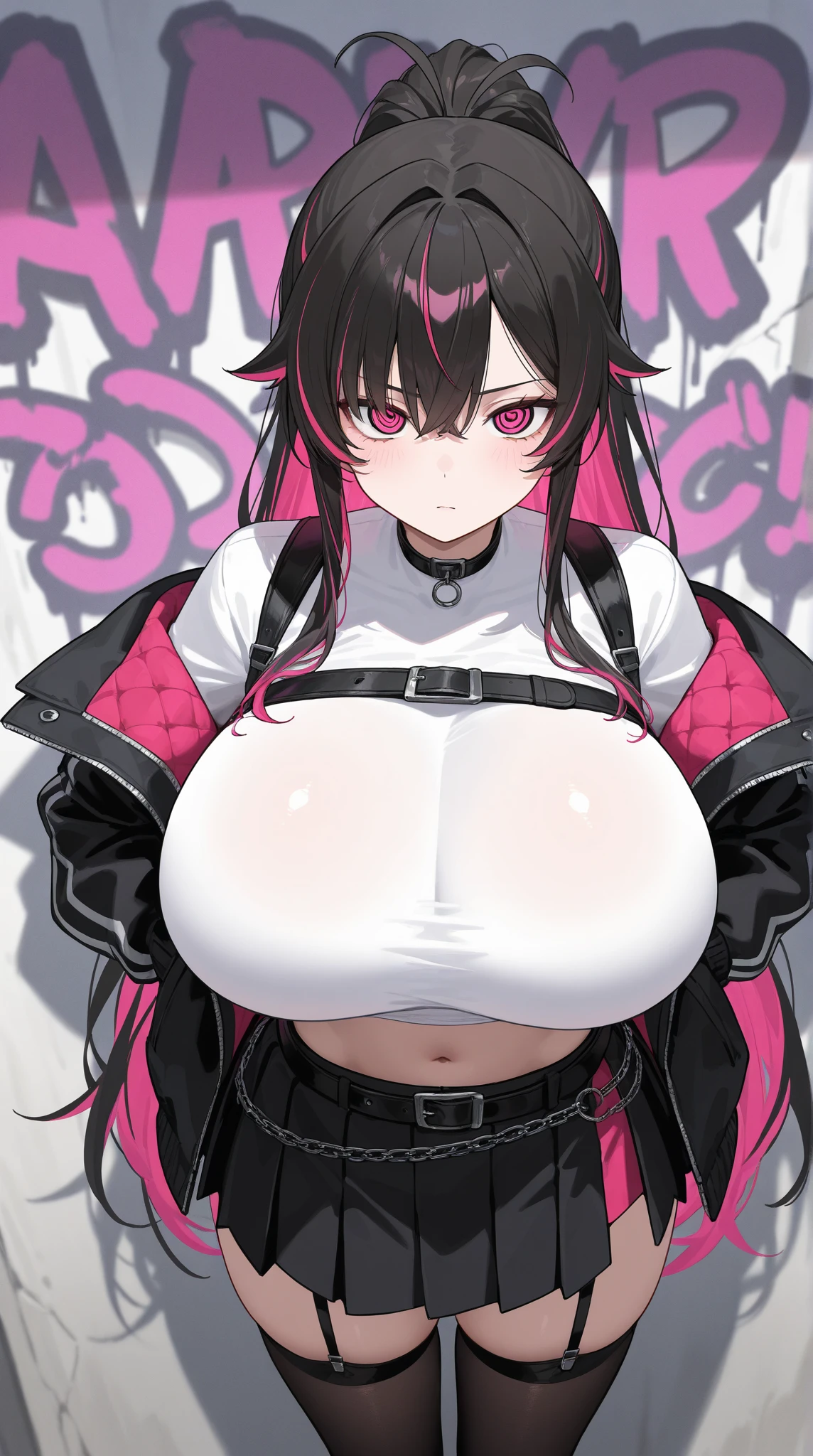 ((a woman with a huge, erect penis in her pussy, she can't have a pussy, she has to have a penis)),((long black hair)),((huge breasts, tight mini skirt)),(( white blouse with Bhutan)),((serious face, with piercing in the face, piercing in the breasts, with a mask, and tattoo on the arms)),((standing in a street)),