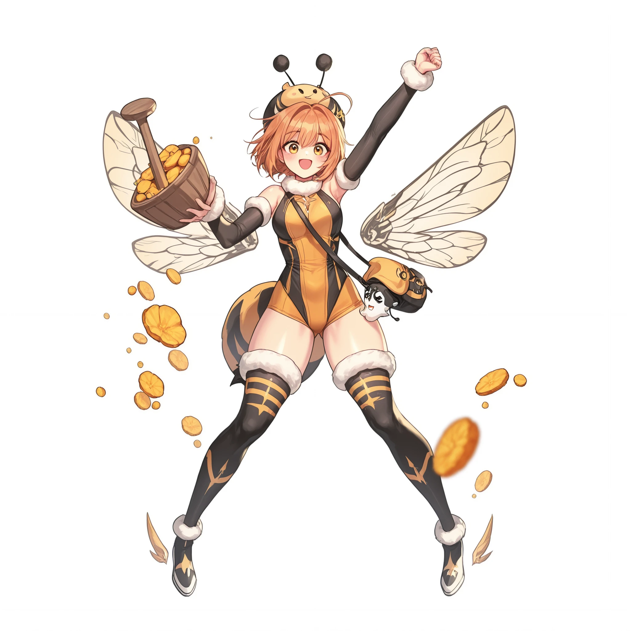 masterpiece, best quality, <lora:Degen_Honeybee_Illustrious_v1:1> 1girl, aged up, souryuu asuka langley, wearing honeybee, blue wings, pantyhose, highleg leotard, high heels, fishnets, antennae, wrist cuffs, skinny, looking at viewer, annoyed, holding tray, alcohol, whiskey, leg ribbon, hair down, fur collar,