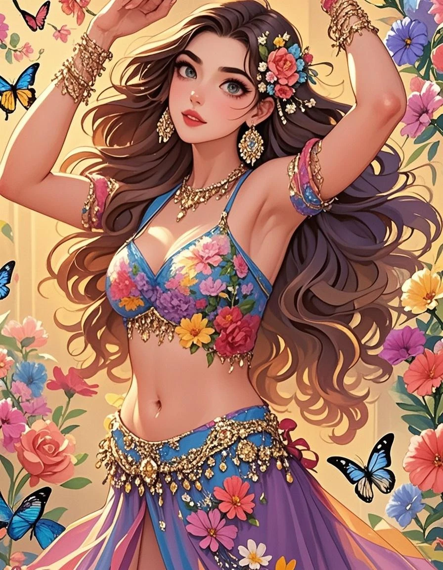 A woman lying peacefully on the grass, surrounded by an array of colorful and magnificent flowers. She is sleeping with a serious expression, her brown hair is long and spread around her. She wears a belly dancer outfit, which is white with gold details. The sky is cloudy, creating soft lighting that enhances the beauty of the scene. The camera is positioned at a slightly downward angle, focusing on the woman and the flowers around her, with a perspective that captures the serenity of the scene and the contrast between the figure and the natural surroundings.