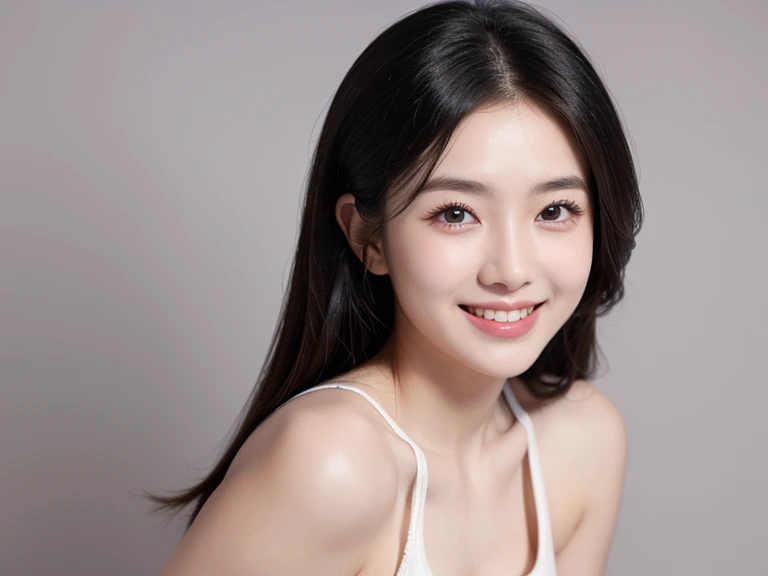 (realistic, High resolution:1.3), (16 yo:1.5), One girl with perfect figure, very detailed face and eyes, long hair, Tank top, frontal face, (extreme close up), smile