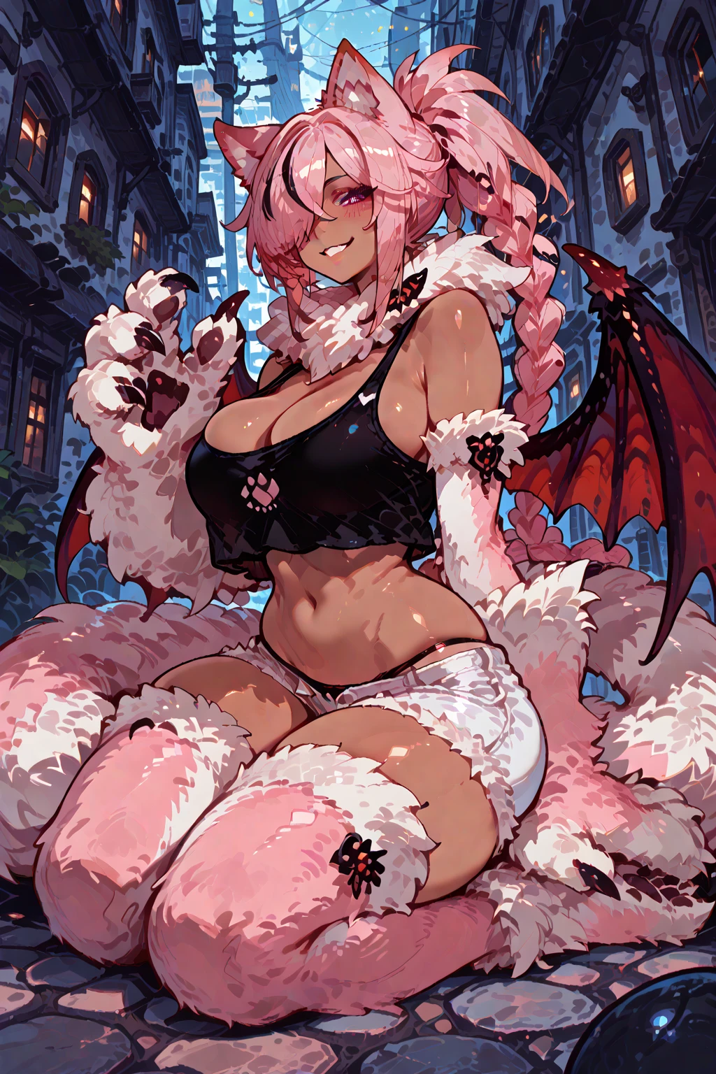 (masterpiece), best quality, (((ultra detailed, 8k quality))), expressive eyes, perfect face, perfect anatomy, perfect body, (((1girl))), (cowboy shot), (pink hair, long hair, curly hair, white highlights, ahoge), (bear ears, fluffy ears), (brown eyes), (half-closed eyes), (heart hairpins), (fangs), thick lips, (huge breasts), ((perky breasts)), (((dark skin))), ((cleavage)), ((smile)), ((smirk)), ((thick thighs)), ((wide hips)), ((thighhighs)), ((blunt bangs)),
babydoll, black negligee, thong, navel,