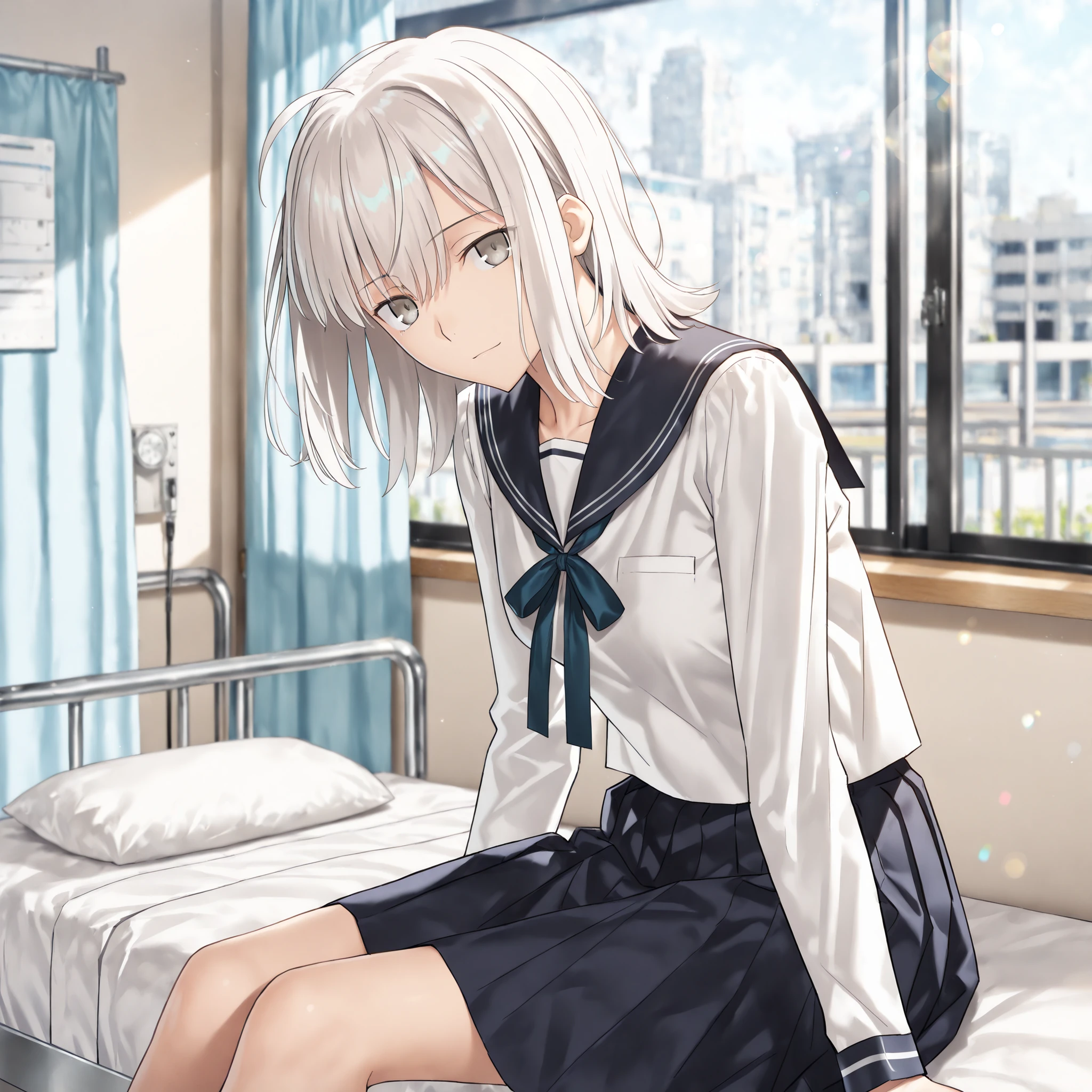 masterpiece, , absurdres, highres, detailed background, high resolution, masterpiece, necessary, detail, best quality, quality, necessary, details, High details, Precise, 8k, indoors,(hospital, ),day lens flare, blurry background, from side,                                             
                                                                                                                                                                                                                         1girl, , koyama hirokazu (type-moon) style, ,Takeuchi Takashi style, (aged up),( ),  sitting, leaning forward, sitting backward,    
   
very tall girl, (slender body, slim arms, slim body), solo, head tilt,  ,
((wolf cut hair)), white hair, medium hair, gray eyes, half-closed eyes, jitome ,bangs, hair between eyes, ahoge, ,((dark blue sailor, seifuku ,neck ribbon, long sleeve, dark blue pleated skirt, skirt,)), ,(small breasts),(looking at viewer), expressionless, light smile,     , , 
