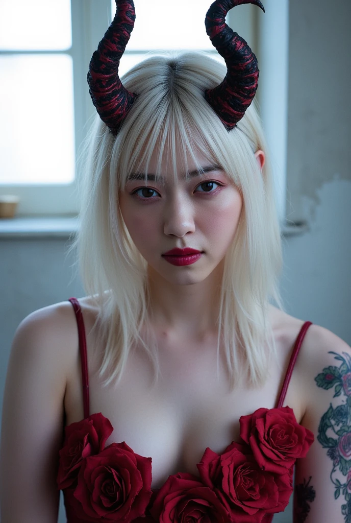 masterpiece, best quality, 1girl,,small breasts,short hair,white hair,sharp teeth,fangs,choker,blue eyes,heart shaped pupils,demon horns,blush,(outdoor,pavement,traffic light,road sign),looking at viewer