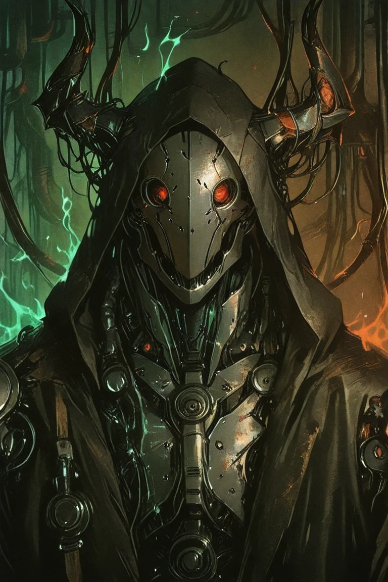 Portrait: Imposing post apocalyptic faceless figure wearing rusty mask with many tubes from lower part of mask, head and torso, the mask have many tubes. Wears: mask with many gas tubes connected to lower part; tall, ragged pointed sorcerer's hat fused with dark hooded robe over grimy layered blacks. Head: Intricate mass of black cables, corroded metal plates, and snaking rusty tubes/pipes (Adeptus Mechanicus gone feral). Dominant single, intensely glowing one big cybernetic visor at center. Metallic horn protrusions. Tentacle-like appendages (metallic/fleshy) writhing lower face, neck and shoulders. Cybernetic: Glowing red circuit accents on robe. Vibe: Apocalyptic Zaun/Dishonored/40k Hive fusion. Setting: Hazy, grimy industrial decay backdrop (dripping pipes, broken machinery). Palette: Muted olive greens, deep greys, rust browns, blacks. Lighting: Dramatic chiaroscuro, volumetric haze. Harsh light illuminates textures (corroded metal, oily cables, rough fabric) and big visor at center, deep shadows. Mood: Sinister, foreboding, menacing authority, chaotic energy aura. Style: Hyper-detailed photoreal, gritty texture focus. Influenced by Dishonored/40k Chaos art, Beksiński.
