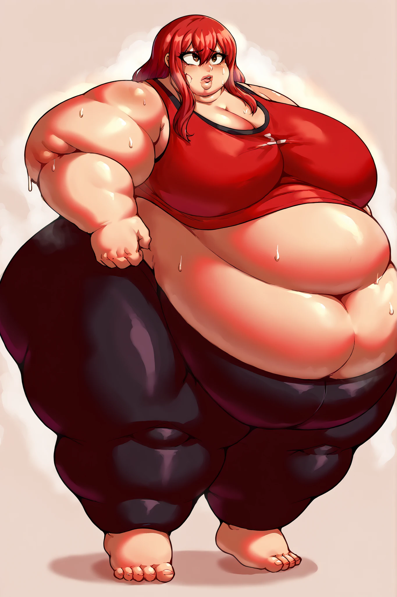 Barefoot standing SSBBW stepping on the viewer, facing forward, massive belly, low angle, bottom of foot visible
