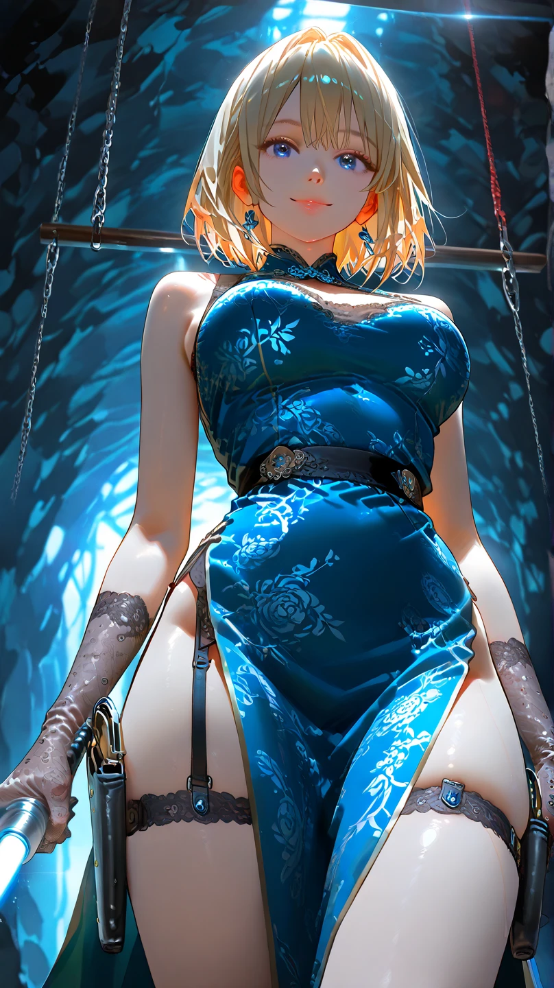 (masterpiece, Highest quality:1.2), Cowboy Shot, alone, one person, Riesz, View your viewers,, Long hair tied low, Winged Helmet,green dress, armor, shoulder armor, Bridal Gauntlet, Cleavage,(In a prison with iron bars:1.4),(The whole body is restrained with chains:1.8),(A girl gropes my breasts from behind:1.4),(2girls:1.2)