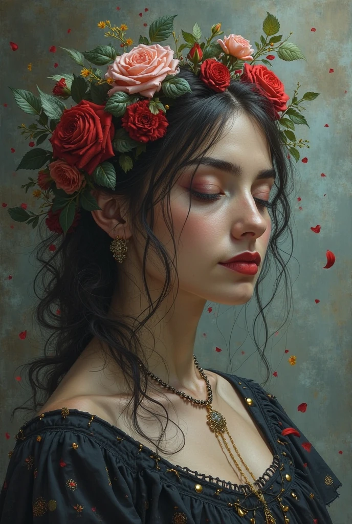 An ultrafine detailed watercolor painting of a gorgeous undead zombie with flowers in her hair, in the style of Alphonse Maria Mucha and Gustav Kilmt, art nouveau accents, (undead zombie:1.2), anthropomorphic female, female figure, detailed cover artwork, as the goddess of the flowers, Alphonse Mucha, Gustav Klimt, pale bluish skin, a marble sculpture, cgsociety, gothic art, art nouveau, behance contest winner