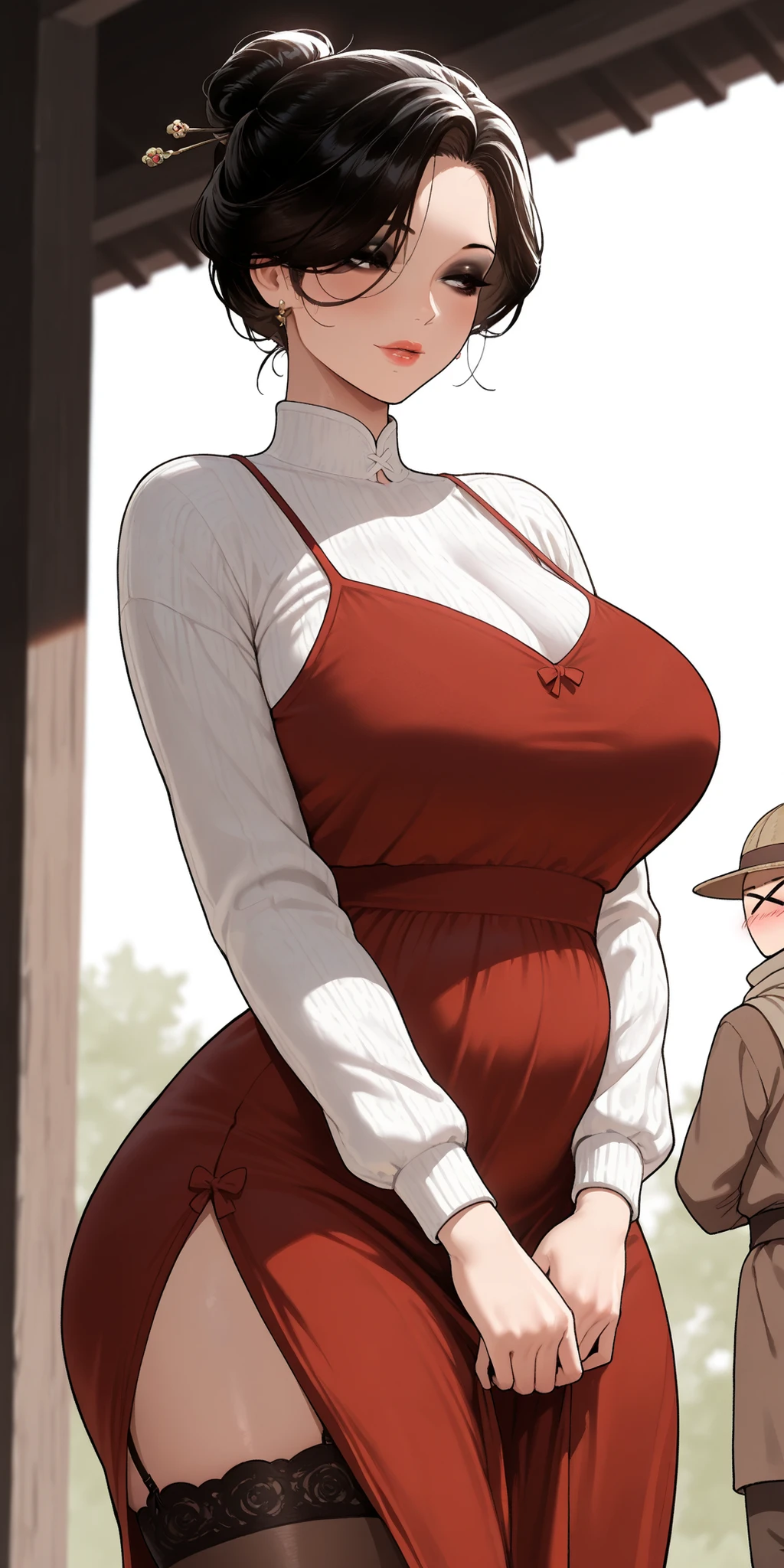 masterpiece, Japanese woman, best quality, amazing quality, mature woman, sensual woman, black hair, hair above one eye, hair bun , chinese hairstyle, maternal duration, (One, 1 girl), almond eyes, eyelashes, eyeliner, eyeshadow, black eyeshadow, closed-knit French dress with long sleeves {x}, mature woman, Soft light, camisole hangs, highly detailed, best quality, upper body ,1 girl, full length, stockings, medieval traveler's clothes, outside, 50 years old