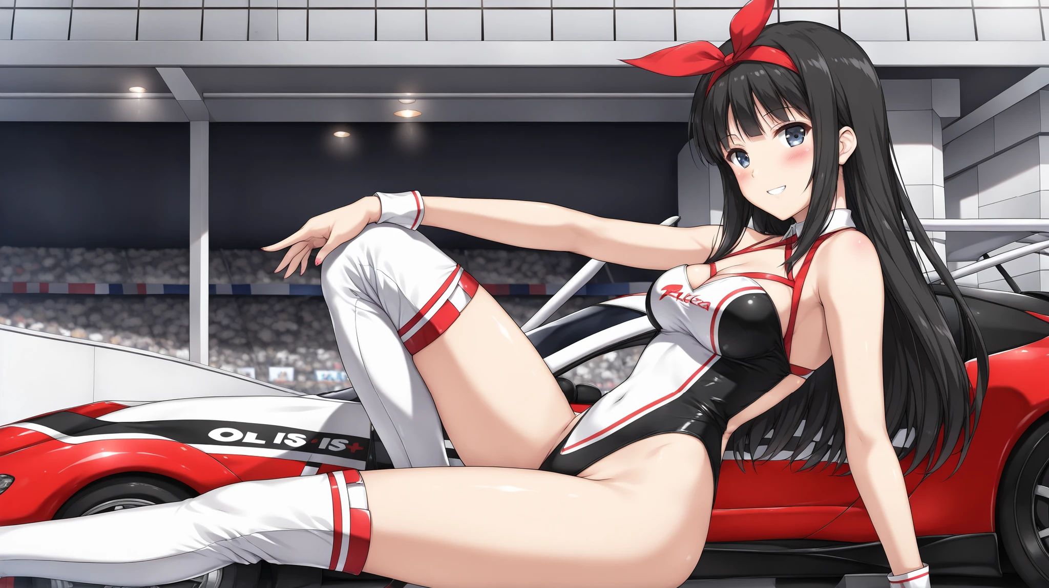 older sister, anime, biologically correct, ((Long Black Hair)), Beauty, strict, Years on, ((small red ribbon in hair)), smiling, OL, ((grid girl)), ((Paddock area)), ((Race Queen)), ((High leg)), medium breasts, model-like body, attractive thighs, curvi, masterpiece, best quality, cel anime, She is sitting with her legs outstretched at the right of the image, one knee raised, from side,