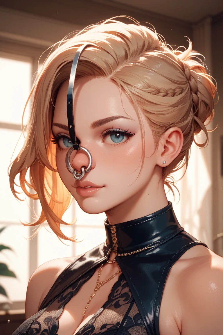 (masterpiece, best quality), 1girl,  Light Golden Brown Wrapped Braid Updo with Floral Accents, big breasts,   <lora:ballgag_v2:1> ball gag,  bdsm,bondage, gagged