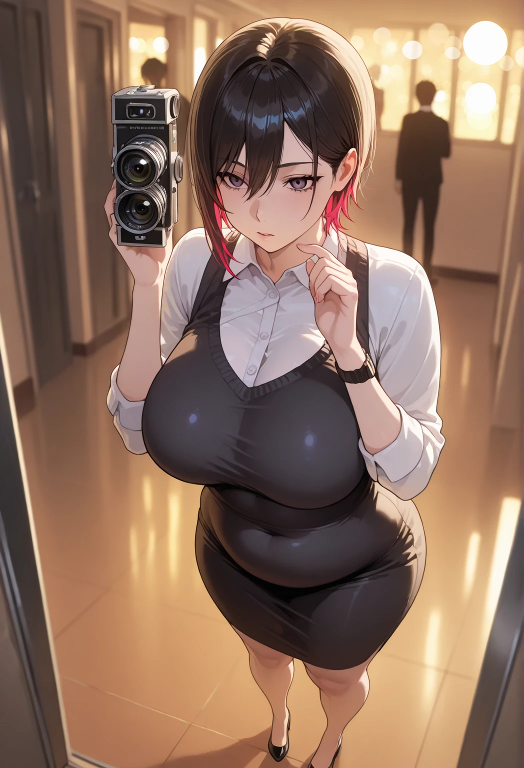 a brunette woman, dans son bureau de travail, est assise sur son fauteil avec ses 2 pieds sur son bureau. Elle a les jambes écartés. Dans sa main droite elle tient un sexe-toys qu'elle s'enfonce dans le vagin, and in her right hand she holds a camera which films. His face is excited, elle tire la langue et regarde vers le haut. She has big breasts and big butt, pour un corps maigre et magnifique. She has a white shirt all wet and open at the chest., of her breasts, and a black leather skirt that lets your vagina stick out.