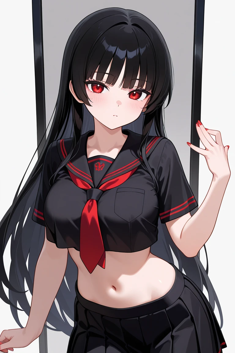 hasumi ba,  long hair, choker, solo, black hair,  large breasts, 1girl,  black choker,  hair between eyes,  red eyes, parted lips, masterpiece, best quality, highly detailed, a anime girls in sailor uniforms with a gun posing for a picture,
evil smile, smile, open mouth,black_serafuku, ecchi anime style, anime girls , (nsfw) not safe for work,
ecchi style, ecchi, shipgirls, digital anime art!!, high school girls, in anime style, official artwork, beautiful
anime high school girl, anime style 4 k, micro skirt, exposed belly, exposed navel, exposed midriff,
exposed lower belly,school, classroom, 