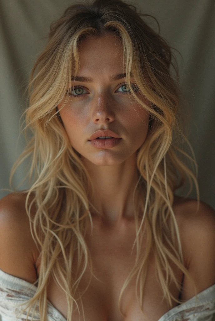 (photorealism:1.2), 3 beautiful young looking  13year old girls, nude , wavy blonde hair, small breasts, slim, skinny body ,sunburnt skin, 2 small gold necklace , light blue eyes 
Full frontal photo