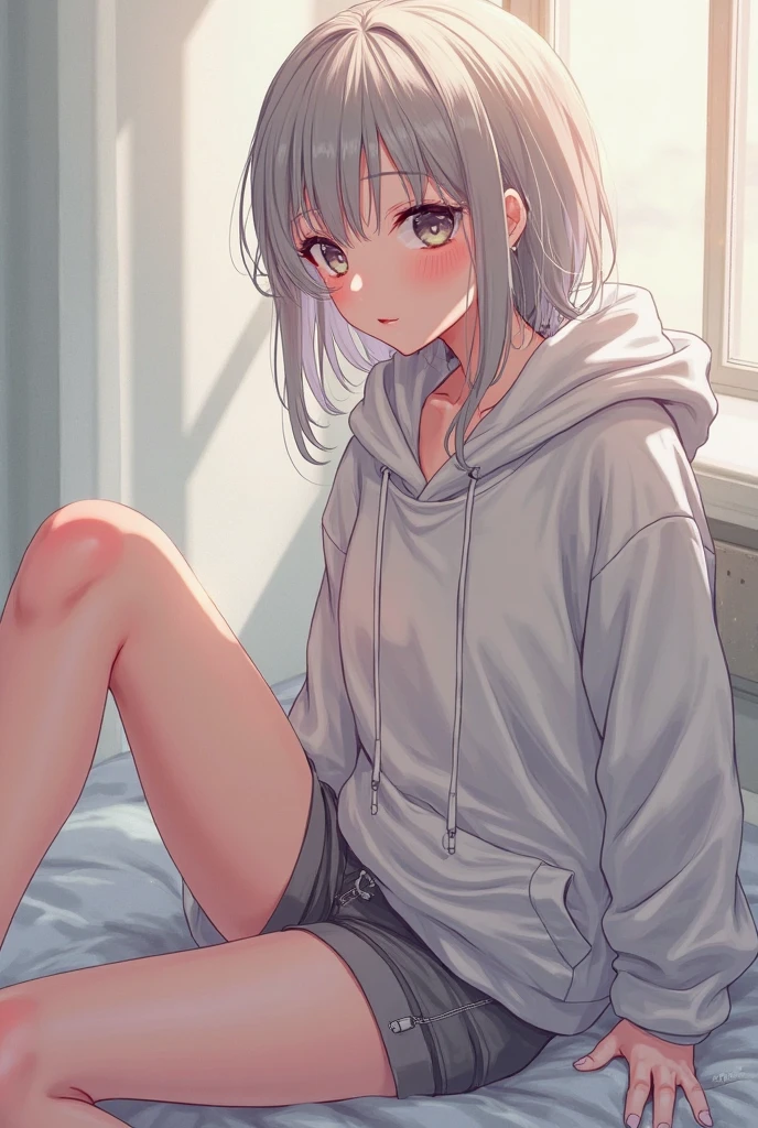 Loose grey hoodie,Small size spats,Gray Hair,long hair,blush,Blowjob,Show the whole picture,Slim beautiful legs,tongue,Licking a man's penis,anime