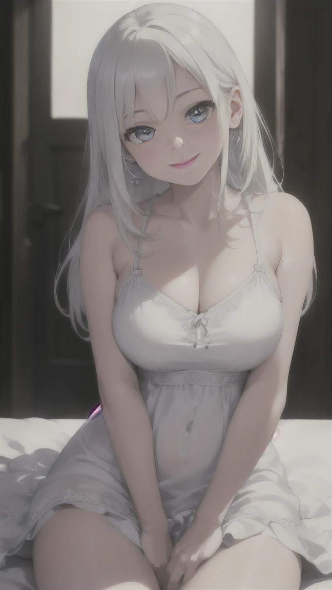 1Girl. Anime,Attractive body, nice body, nice legs, slim tights, nice arms, nice shoulders. (Cleavage, Breast:1.2). Beautiful, Gorgeous, Teenager, Fresh, Young. blue eyes. - Hairstyle: Blunt Bangs. - Hair Color: (White Grey Hair:1.5), (Straight and Wavy Long Hair:1.3) cotton shirt, sweater. lying on bed, sleep on bed:1.3) Waiting, Want Something, Secretly. Earrings, Thin Black Headband, Green Accessories, Environmental Details:, - Setting: Bed Room., - Lighting: Natural Light., - Decoration: Modern Bed, Chair, Window, White Curtain, City View. Top view. pov, anime style, UHD, retina, masterpiece, accurate, anatomically correct, textured skin. High Resolution, Looking at viewer, Blush, Open Mouth, Best Quality, Award Winning, Accurate, Embarrassed, Seductive Smile, Moaning.